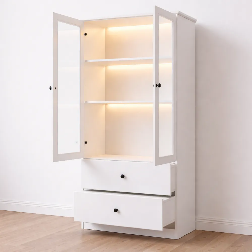 Vitrine moderne en verre avec LED multicolores et tiroirs