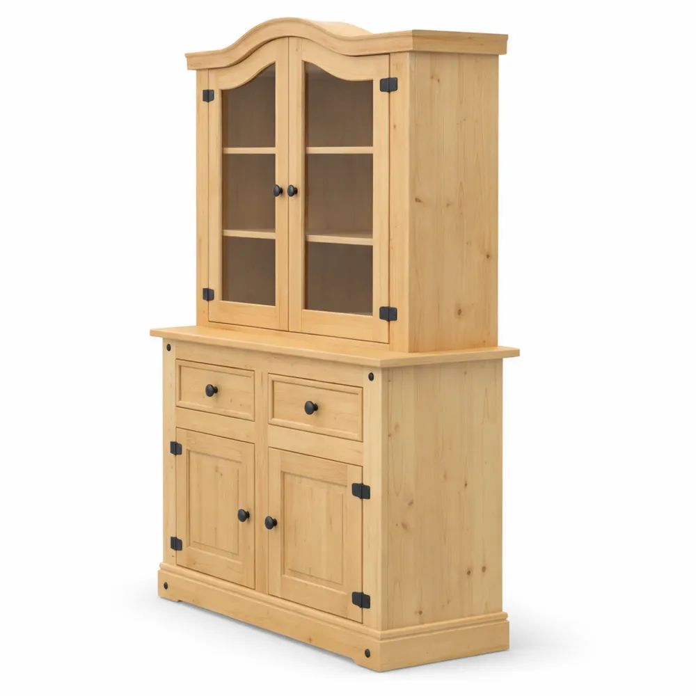 Vitrine en verre avec portes vitrées et étagères en bois massif de pin