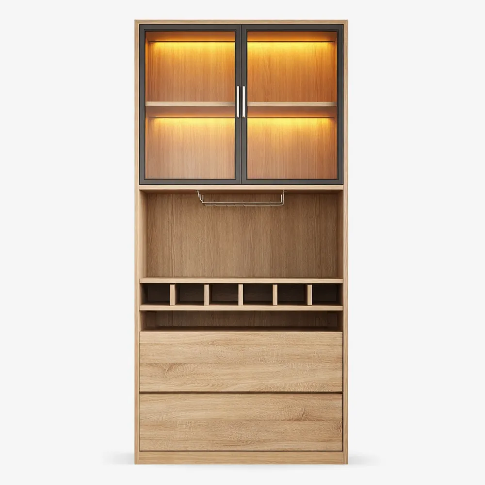 Armoire Moderne en Verre LED avec Rangement Ouvert et Tiroirs