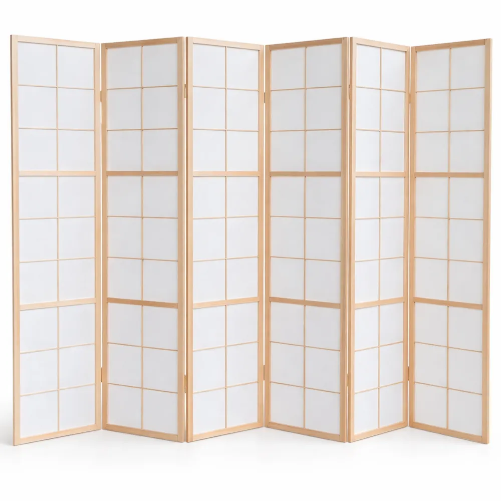 Cloison Pliante en Bois Naturel, Séparateur de Pièce 6 Pans - 175x264 cm