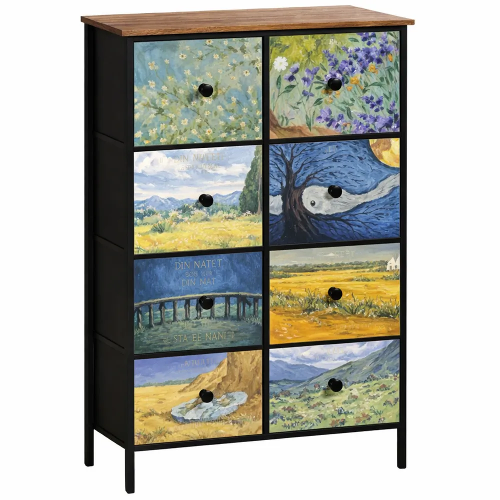 Commode haute à 8 tiroirs, motif artistique, pour différentes pièces