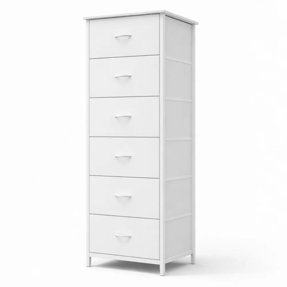 Commode polyvalente à 6 tiroirs avec bacs en tissu et poches latérales, idéale pour chambre et salon