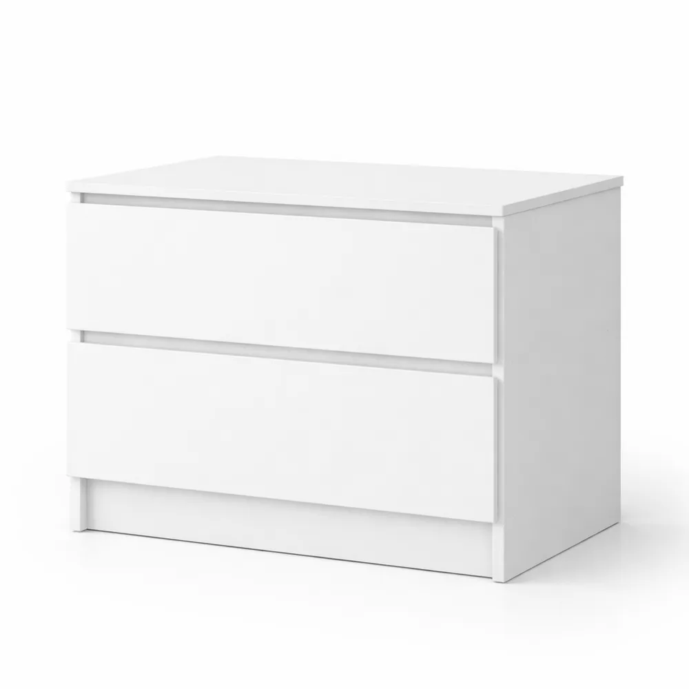 Commode 2 tiroirs pour chambre et salon, meuble de rangement blanc
