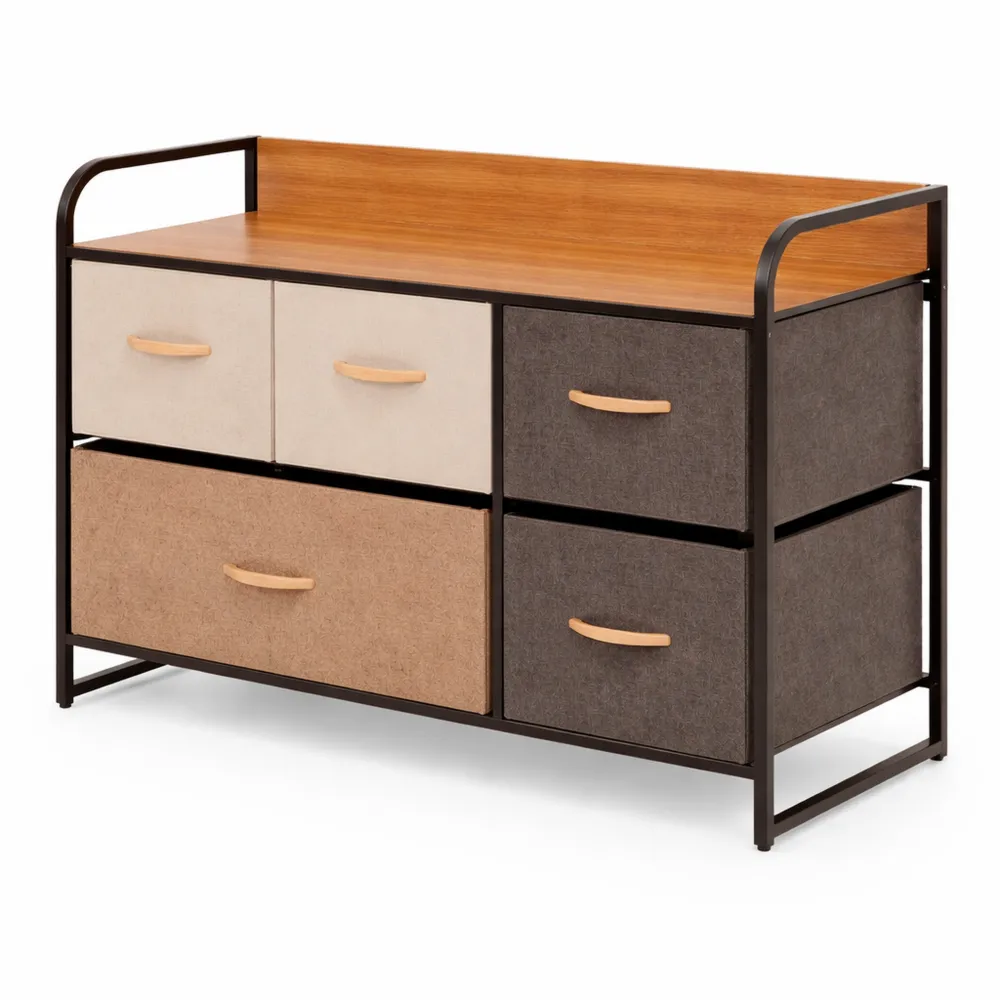 Meuble de Rangement avec 5 Tiroirs en Tissu, Marron et Beige