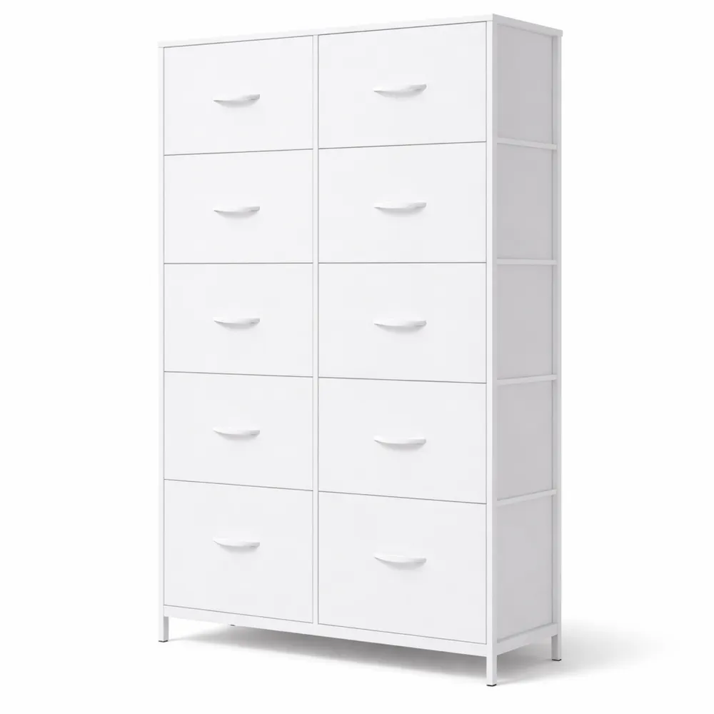 Commode à 5 niveaux avec tiroirs en tissu, idéale pour chambre et salon, couleur blanche