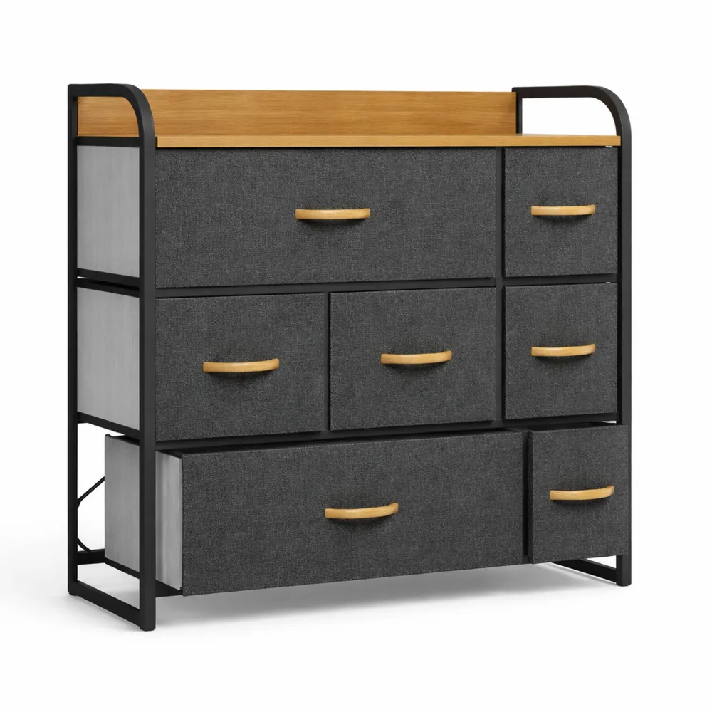 Meuble de Rangement Tissu 7 Tiroirs avec Plateau en Bois Gris