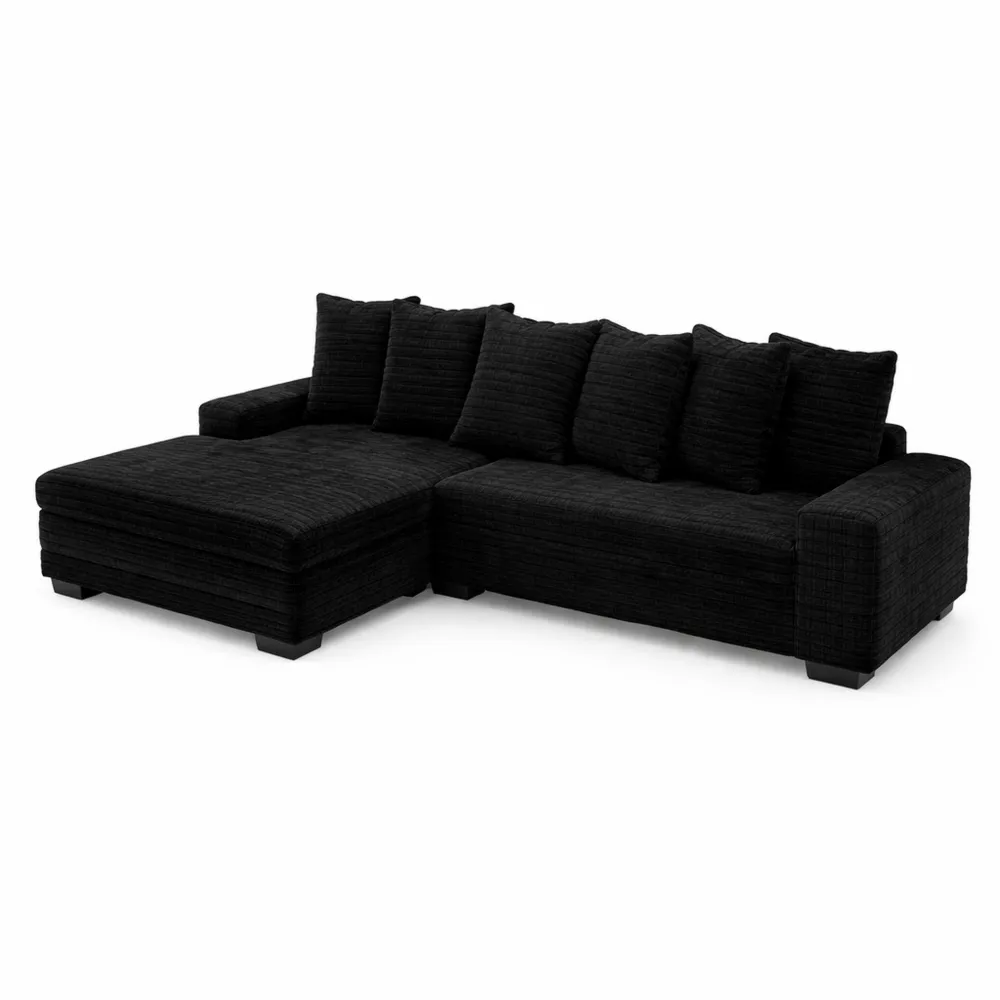 Grand canapé d'angle modulable 4 places avec coussins et pieds en plastique, idéal pour salons et bureaux