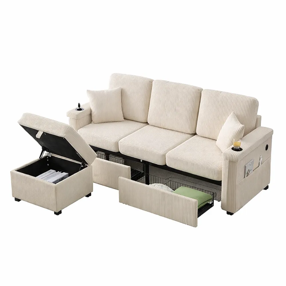 Canapé d'angle en velours avec éclairage LED et fonctionnalités modernes