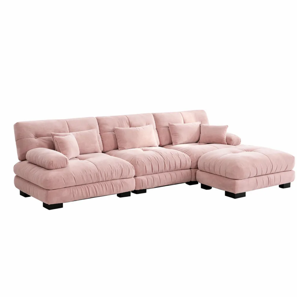 Canapé d'angle modulable en chenille avec pouf, structure bois massif, configuration libre en L pour salon