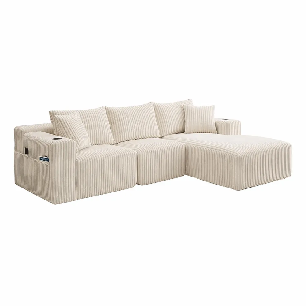 Canapé d'angle modulable 3 places en velours côtelé avec coussins et fonctionnalités pratiques