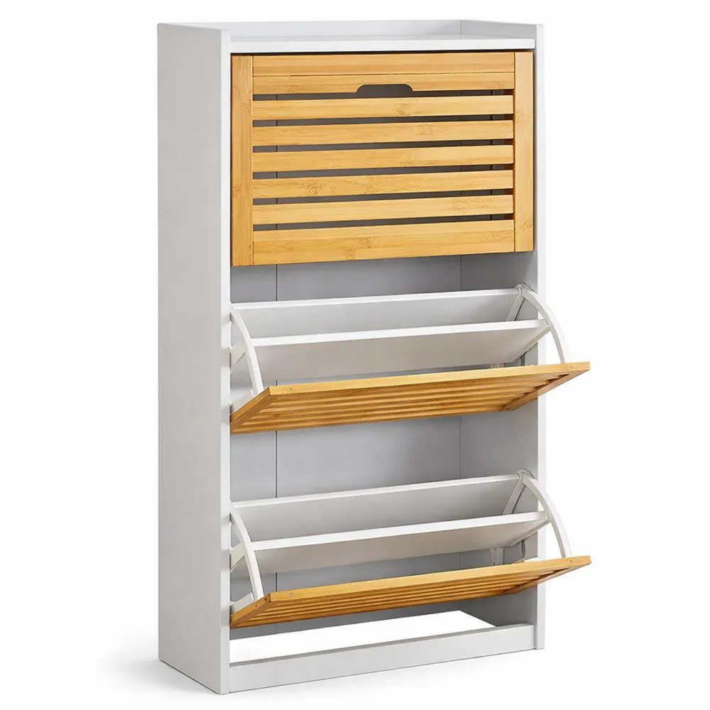 Armoire à Chaussures à 3 Abattants avec Crochets, Blanc et Naturel, 55x30x112 cm