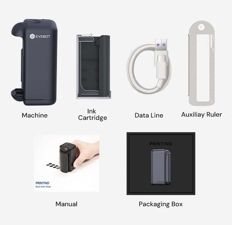 Evebot PrintInd - Portable Handheld Inkjet Printer Gun with Quick-Drying Ink Cartridge Print on Any Surface