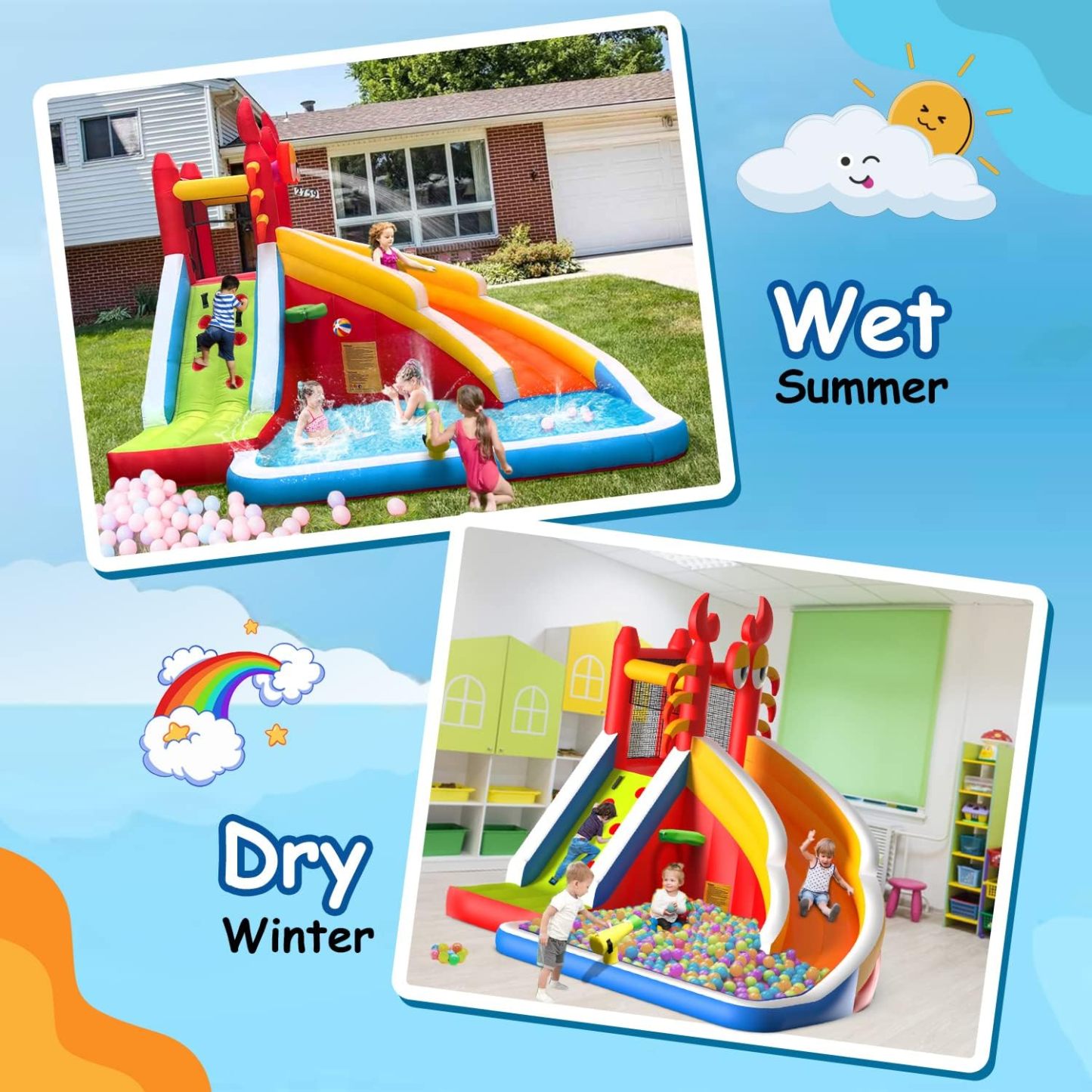 Step4Fun Inflatable Water Slide,Big Bounce House for Kids with Splash Pool,Climbing Wall,Basketball Hoop,Water Gun for Backyard Indoor and Outdoor Party,Included Air Blower,Repair Kit,Carrying Bag