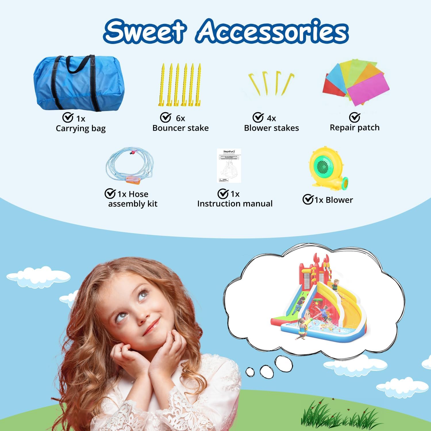 Step4Fun Inflatable Water Slide,Big Bounce House for Kids with Splash Pool,Climbing Wall,Basketball Hoop,Water Gun for Backyard Indoor and Outdoor Party,Included Air Blower,Repair Kit,Carrying Bag