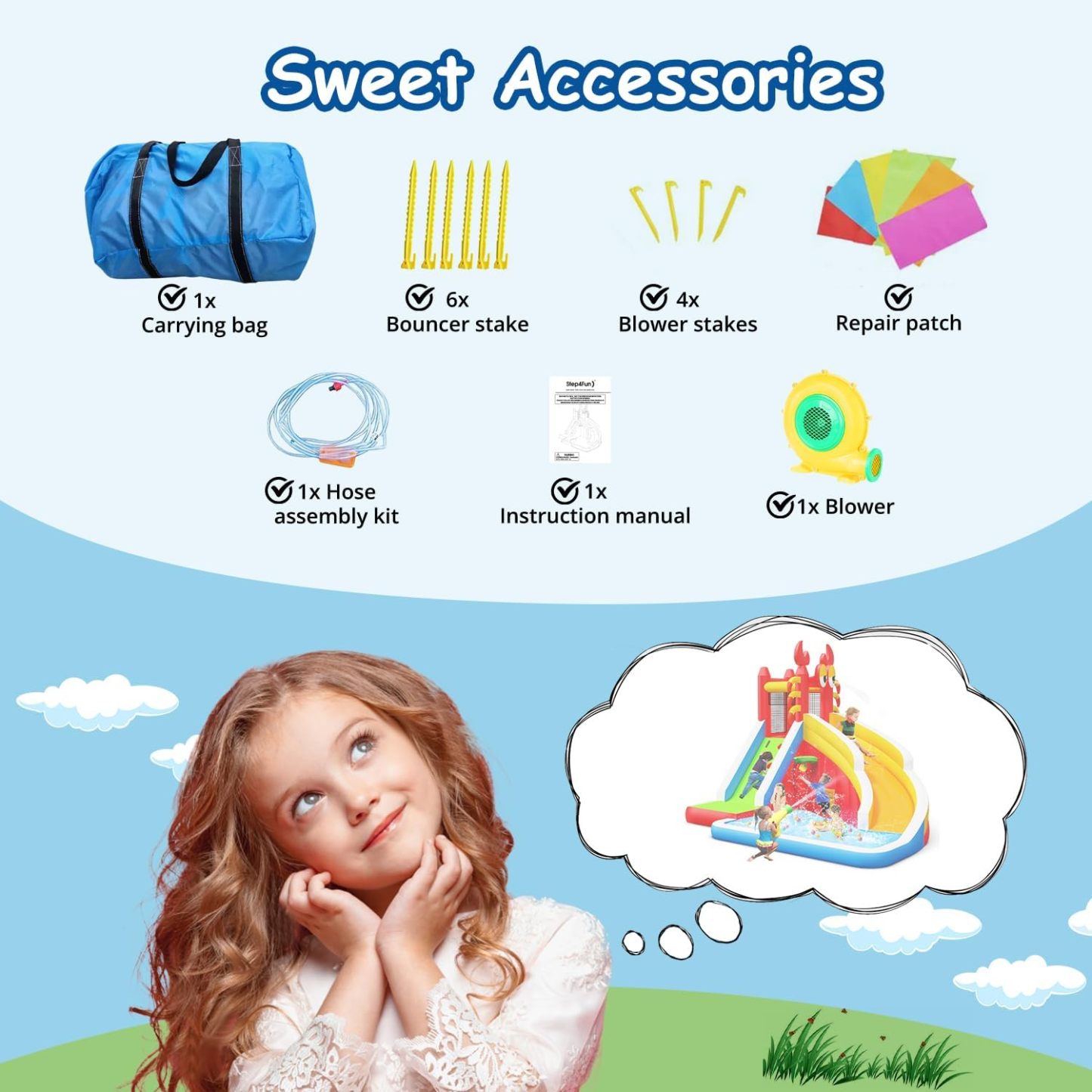 Step4Fun Inflatable Water Slide,Big Bounce House for Kids with Splash Pool,Climbing Wall,Basketball Hoop,Water Gun for Backyard Indoor and Outdoor Party,Included Air Blower,Repair Kit,Carrying Bag