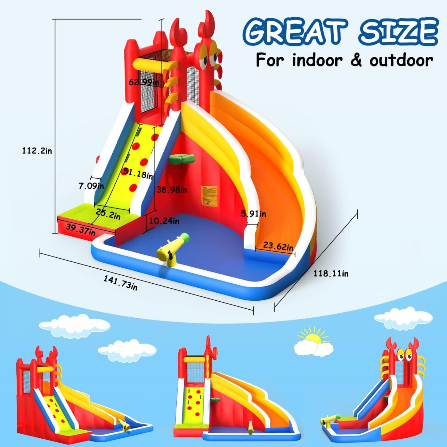 Step4Fun Inflatable Water Slide,Big Bounce House for Kids with Splash Pool,Climbing Wall,Basketball Hoop,Water Gun for Backyard Indoor and Outdoor Party,Included Air Blower,Repair Kit,Carrying Bag