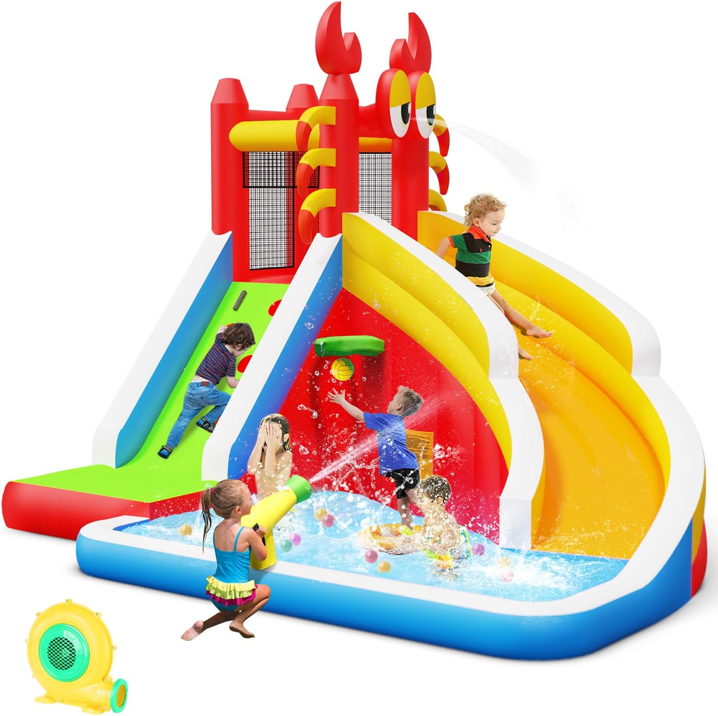 Step4Fun Inflatable Water Slide,Big Bounce House for Kids with Splash Pool,Climbing Wall,Basketball Hoop,Water Gun for Backyard Indoor and Outdoor Party,Included Air Blower,Repair Kit,Carrying Bag
