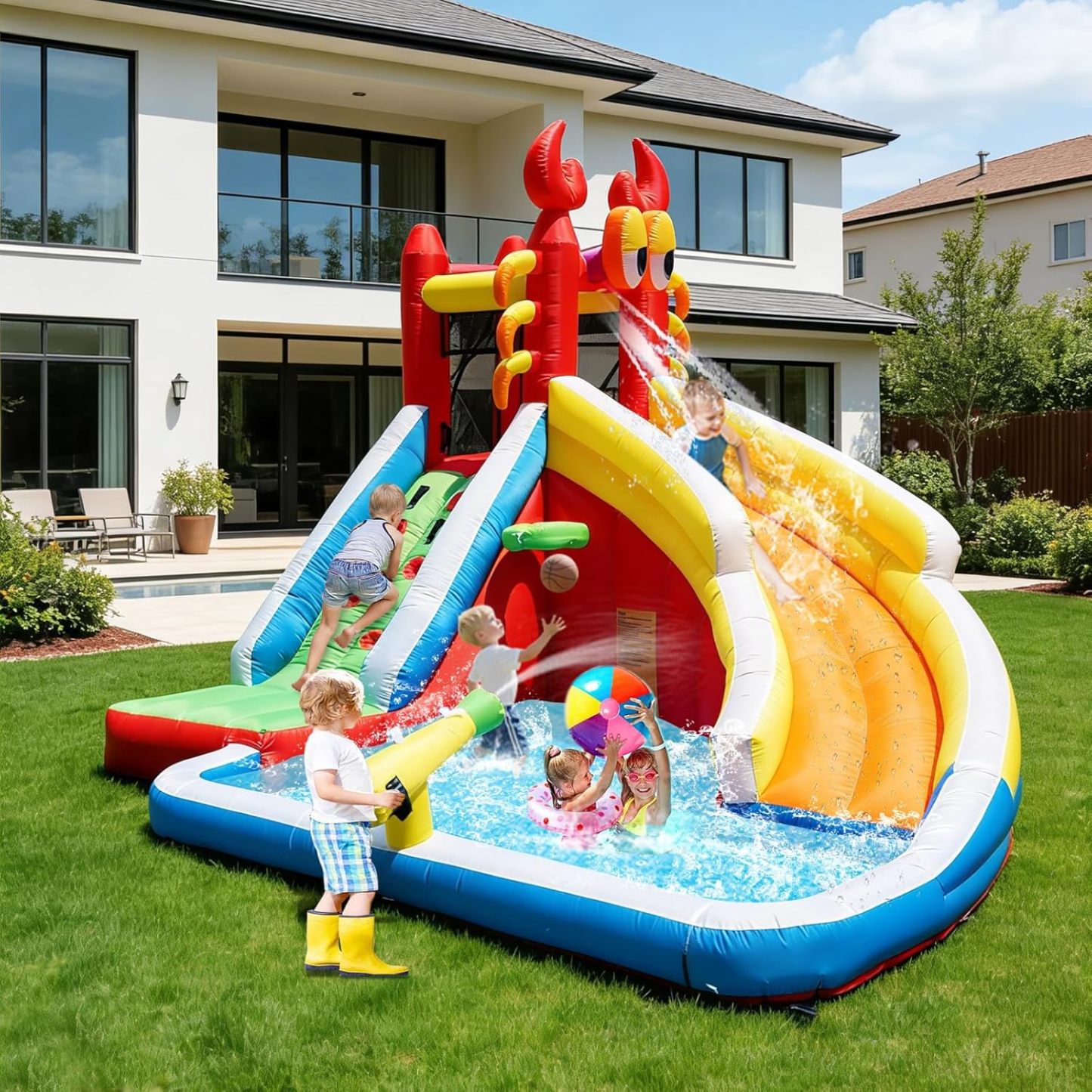 Step4Fun Inflatable Water Slide,Big Bounce House for Kids with Splash Pool,Climbing Wall,Basketball Hoop,Water Gun for Backyard Indoor and Outdoor Party,Included Air Blower,Repair Kit,Carrying Bag