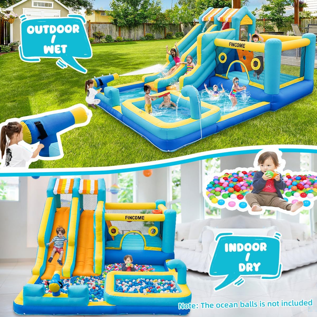 FINCOME Inflatable Bounce House, 10 in 1 Double Water Slide Bounce House with 750W Blower, Climbing Wall, Jumping, Water Gun, Splash Pool, Basketball Hoop for Kids Indoor Outdoor Backyard