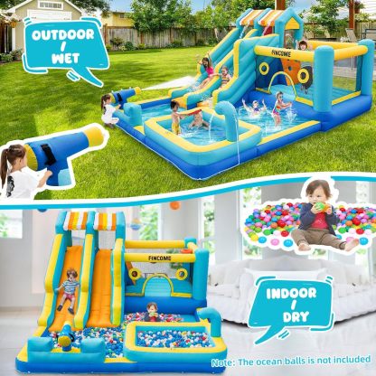 FINCOME Inflatable Bounce House, 10 in 1 Double Water Slide Bounce House with 750W Blower, Climbing Wall, Jumping, Water Gun, Splash Pool, Basketball Hoop for Kids Indoor Outdoor Backyard