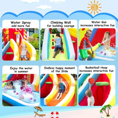 Step4Fun Inflatable Water Slide,Big Bounce House for Kids with Splash Pool,Climbing Wall,Basketball Hoop,Water Gun for Backyard Indoor and Outdoor Party,Included Air Blower,Repair Kit,Carrying Bag