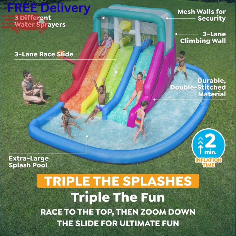 H2OGO! Triple Splash 8.9FT Inflatable Water Park Slide Pool with Blower New