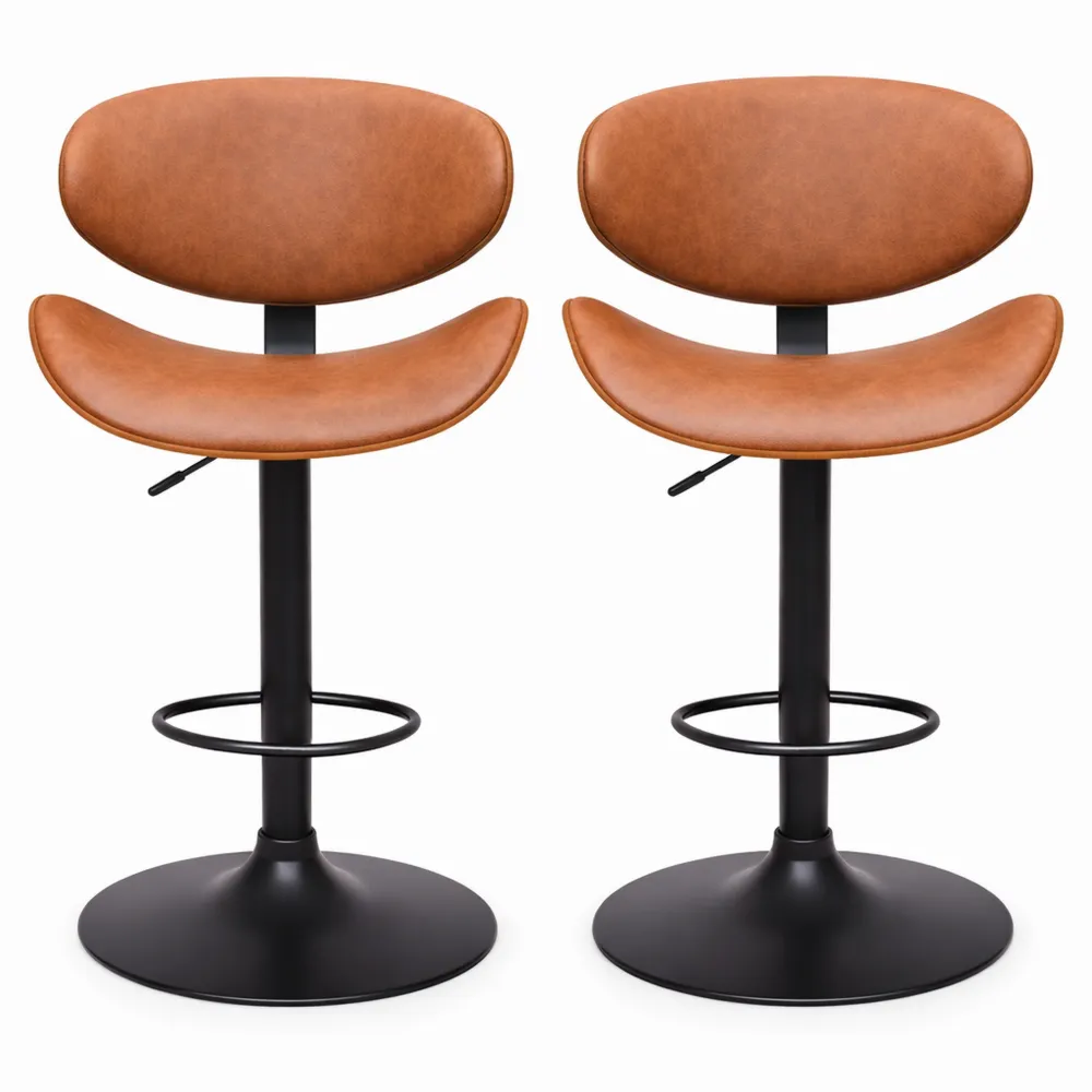 Lot de 2 tabourets de bar réglables en hauteur, pivotants, bois massif et simili cuir marron
