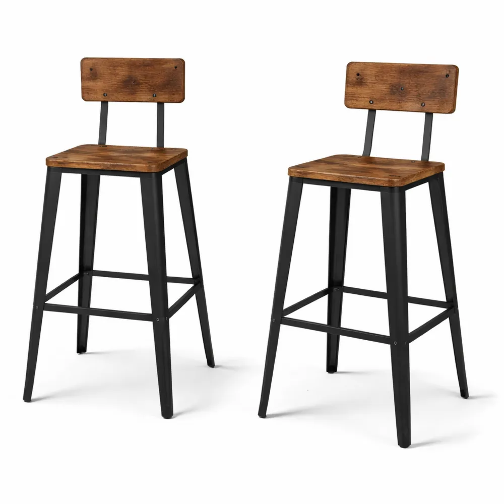 Ensemble de 2 chaises de bar industrielles avec dossier, marron rustique et noir