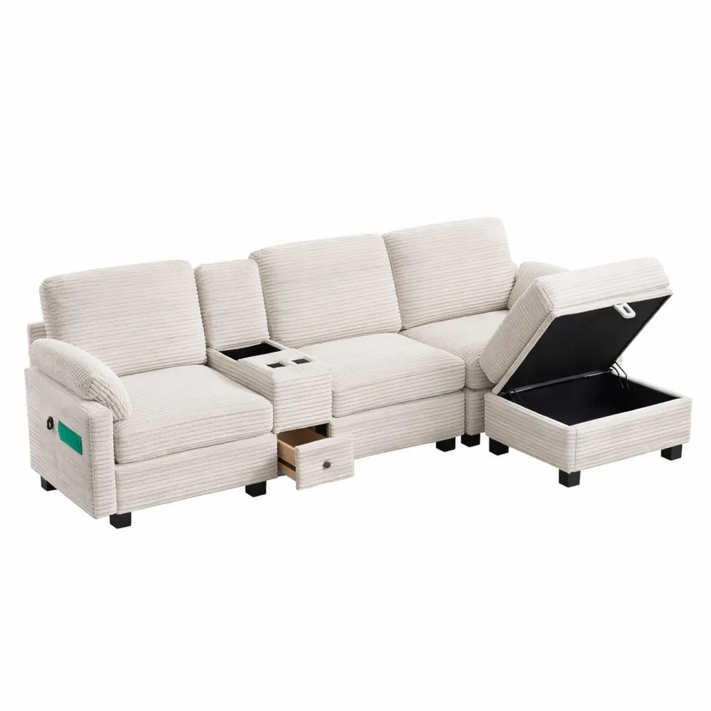 Sofa 3 Places avec Rangements et Ports USB, Tissu Velours Côtelé, Angle Modulable