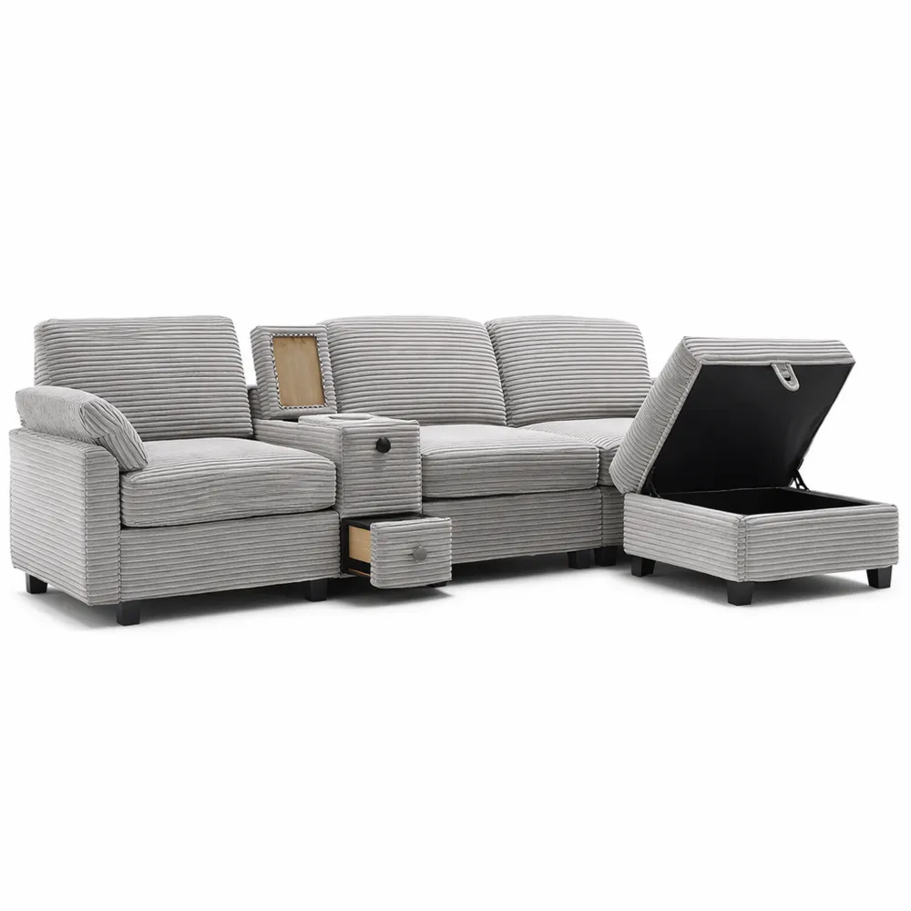 Canapé d'angle modulable 3 places avec pouf et espace de rangement