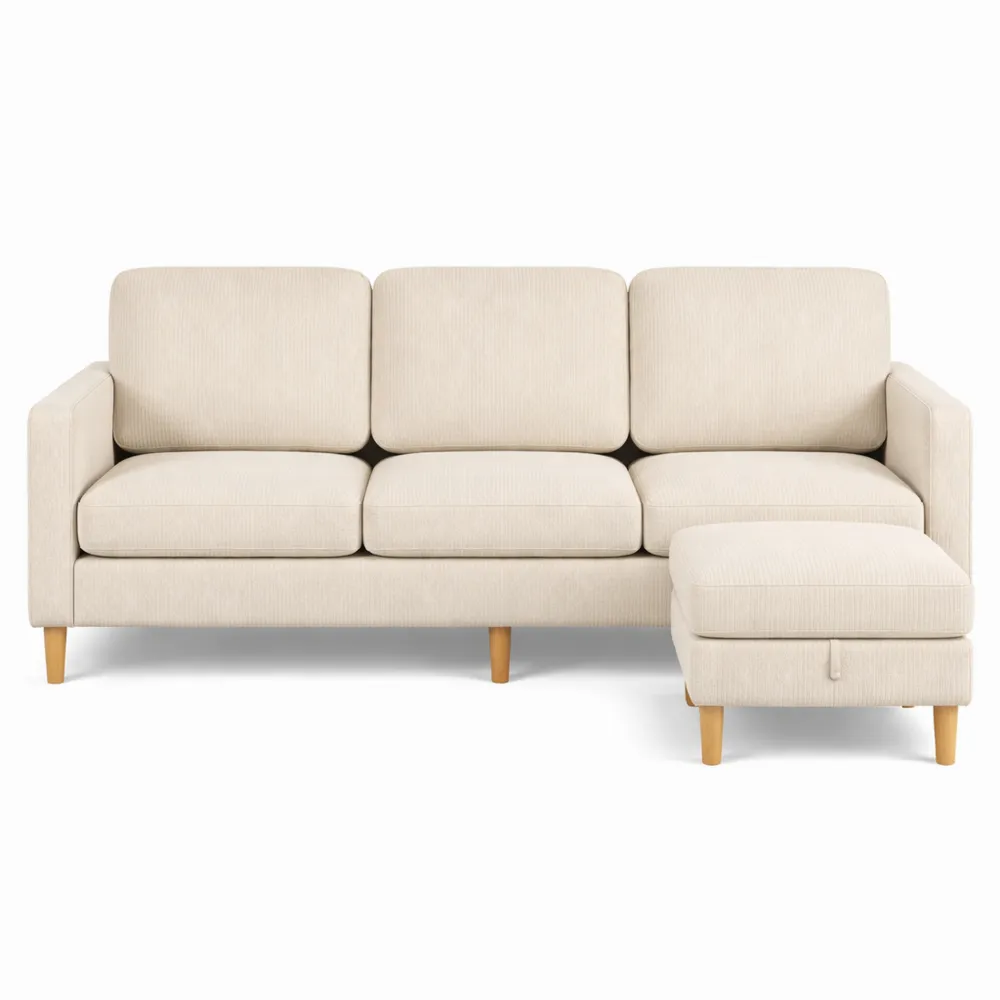 Canapé en velours côtelé avec tabouret de rangement, design moderne pour salon