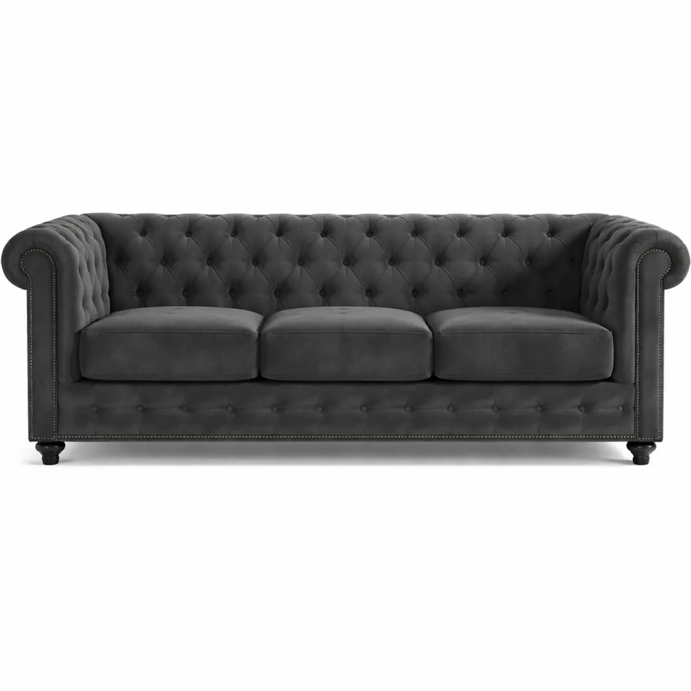 Sofa Design Classique 3 Places - Velours Gris Foncé