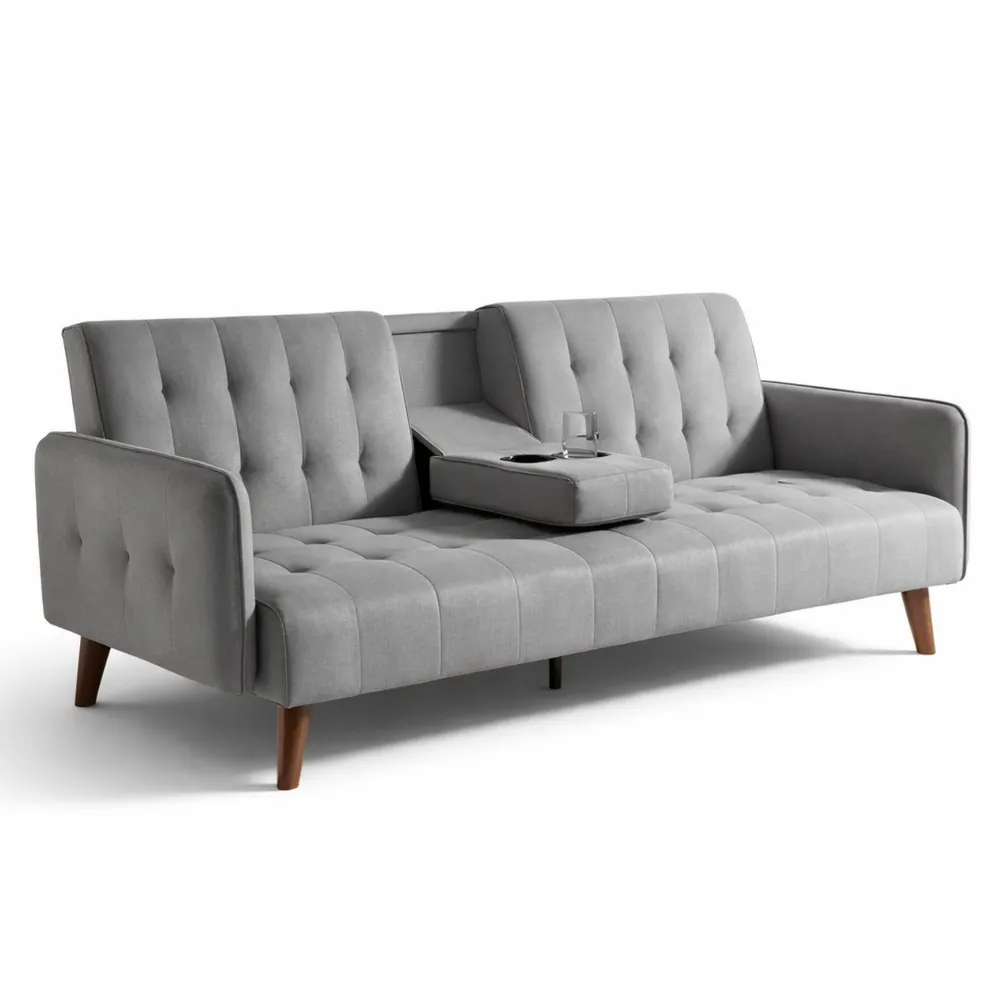 Canapé Convertible 3 Places Gris avec Tablette Rabattable et Pieds en Bois