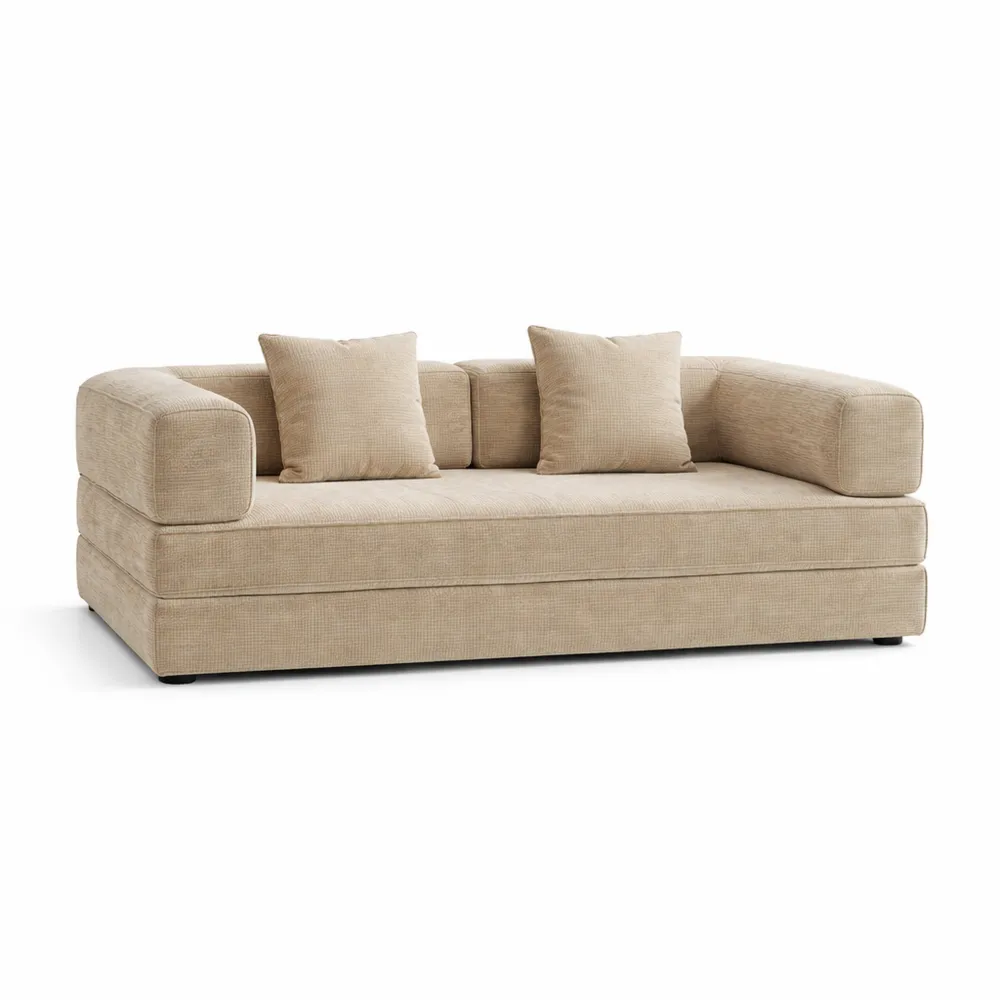 Canapé Convertible 3 Places en Velours Côtelé Beige, Modulable et Confortable