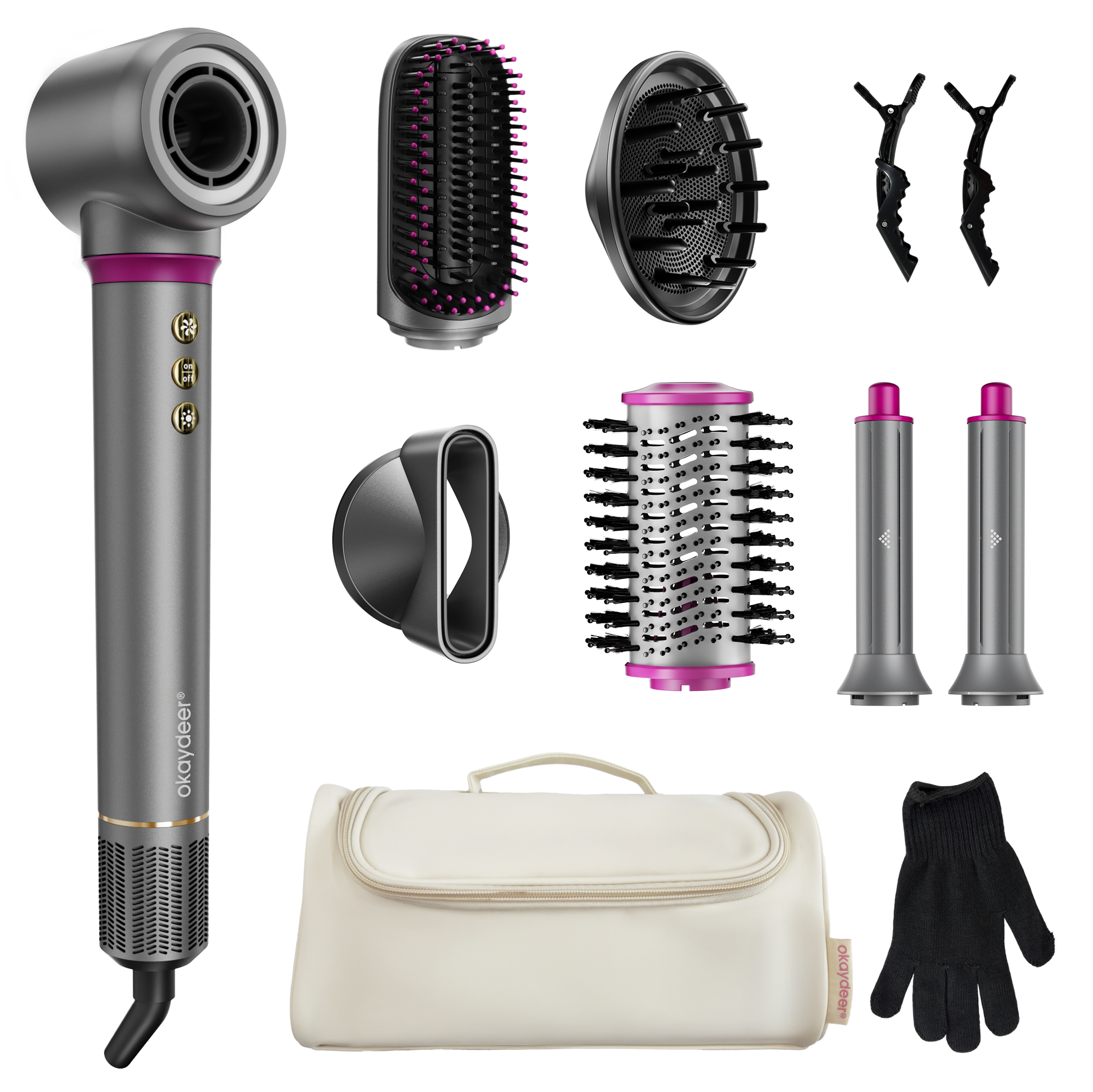 Okaydeer 7-in-1 Hair Dryer with Auto Wrap Curlers,Gray