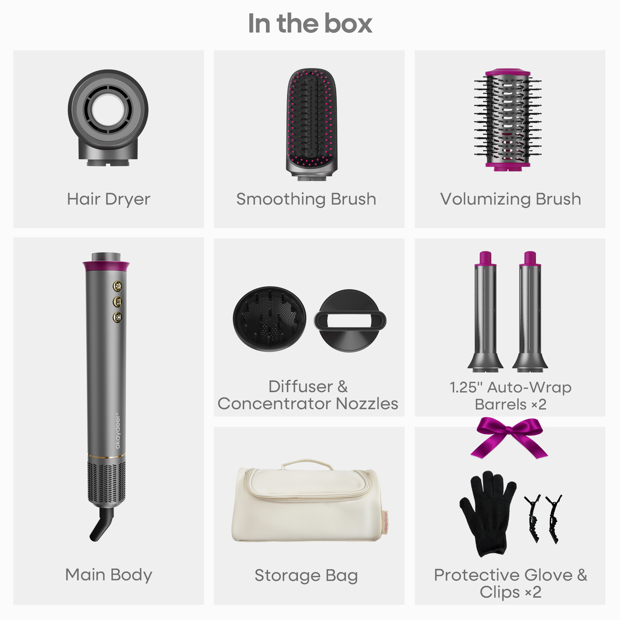 Okaydeer 7-in-1 Hair Dryer with Auto Wrap Curlers,Gray