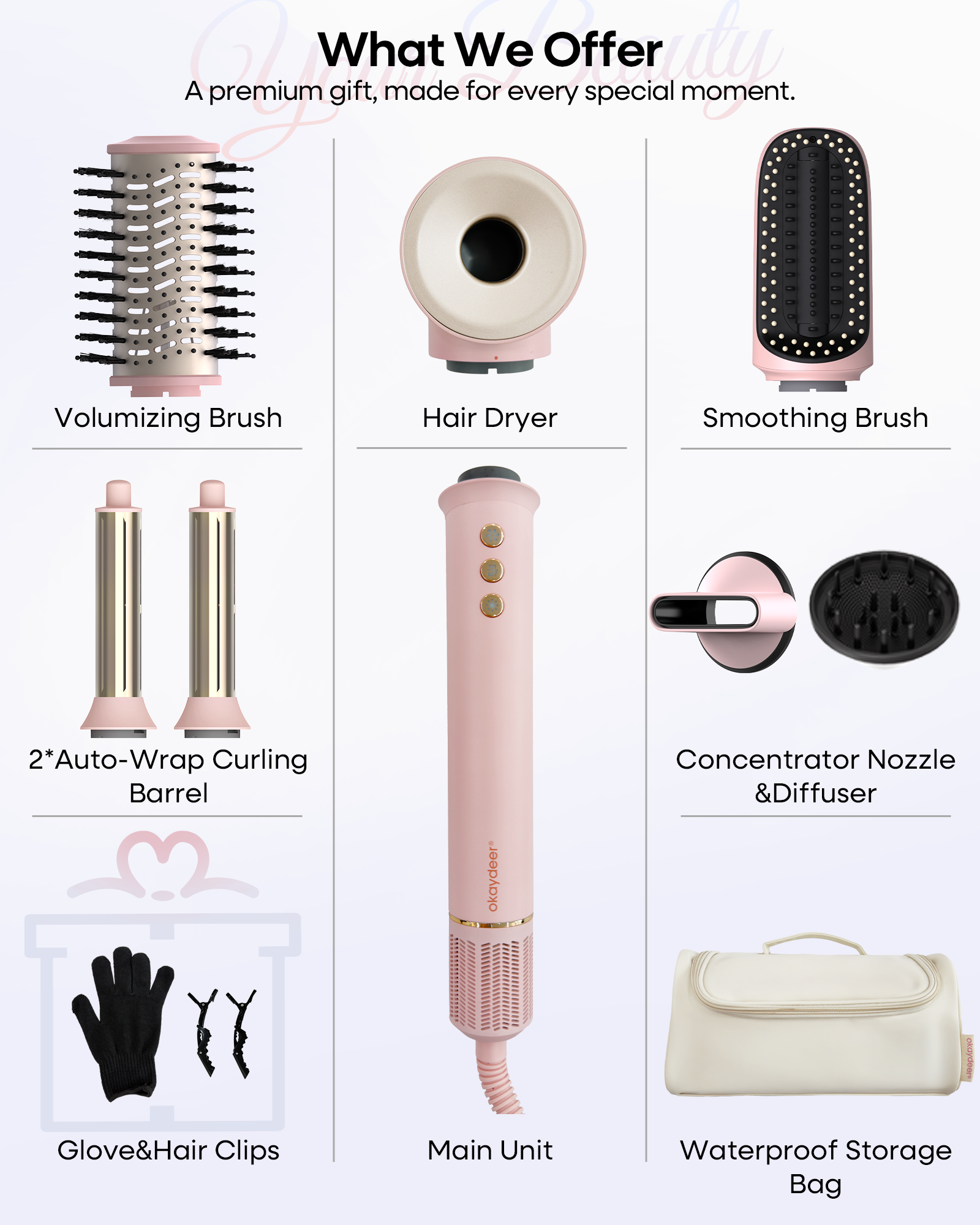Okaydeer 7-in-1 Hair Dryer Brush with Auto Wrap Curlers,Pink