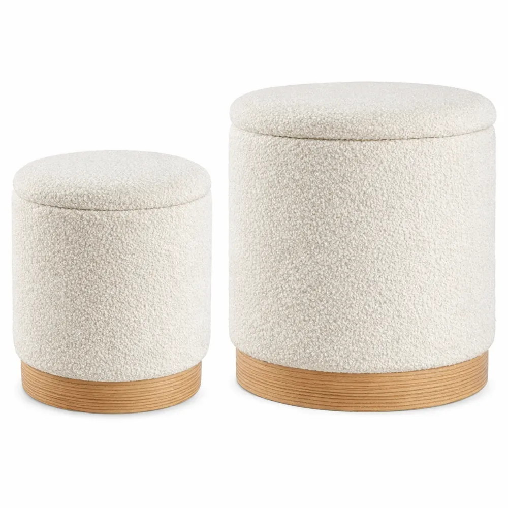 Ensemble de 2 poufs avec rangement en tissu bouclé crème, design scandinave