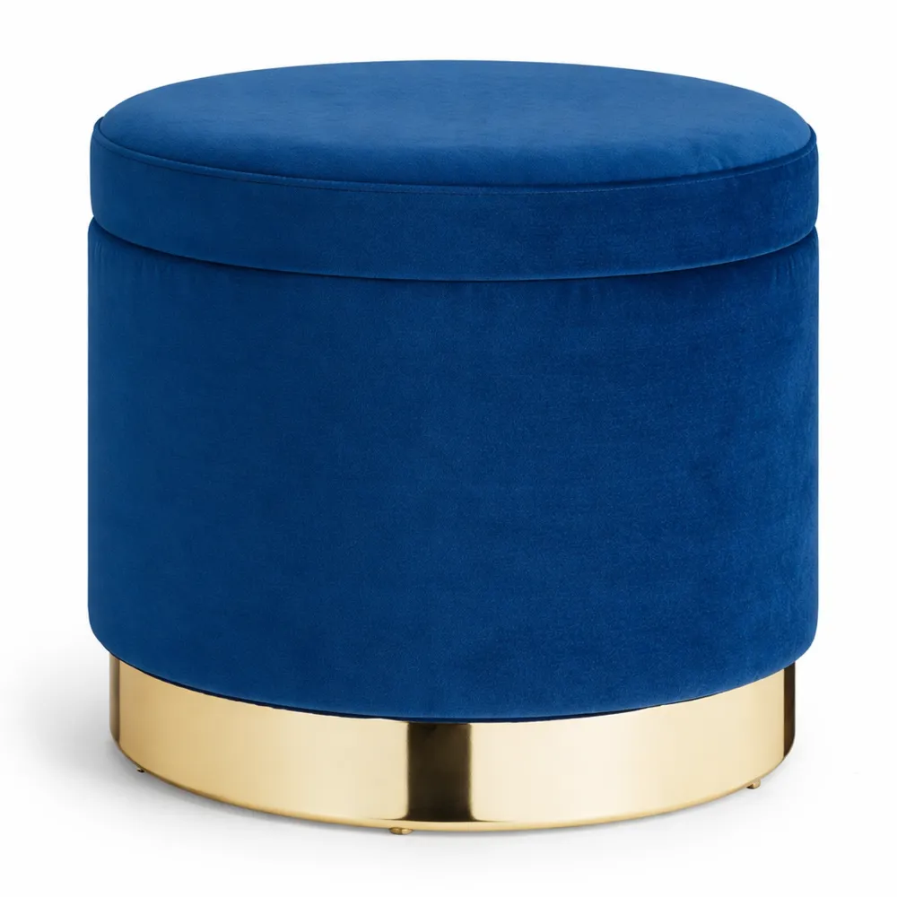 Tabouret de Rangement Rond Moderne en Velours, 41,5x37 cm, Bleu et Doré