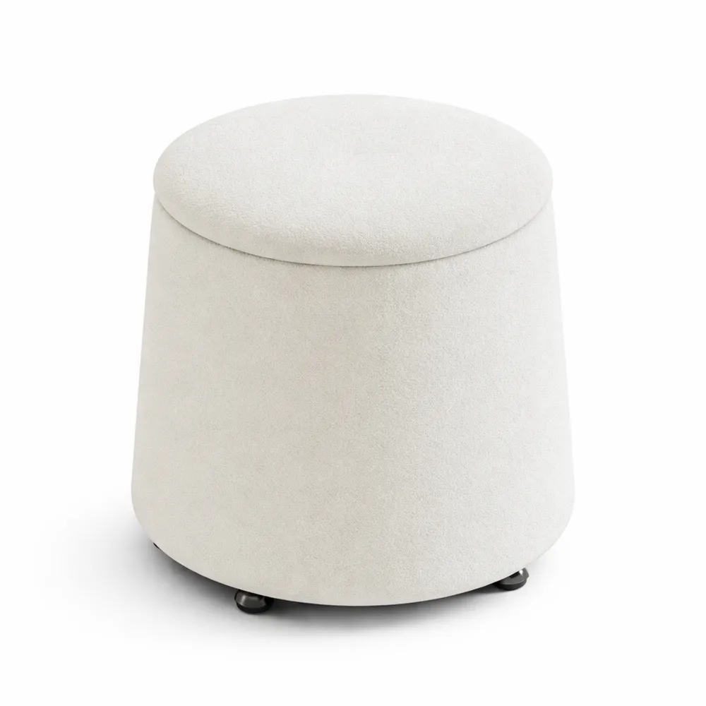Pouf rond avec rangement et roulettes en tissu beige