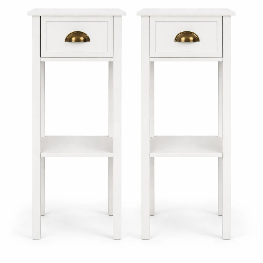Ensemble de 2 tables d'appoint avec tiroir et étagère, poignées en laiton, MDF blanc