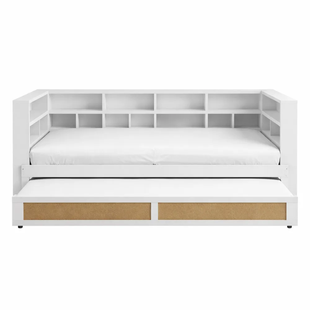 Canapé-lit multifonction avec rangement et port de charge, structure en bois avec lit gigogne