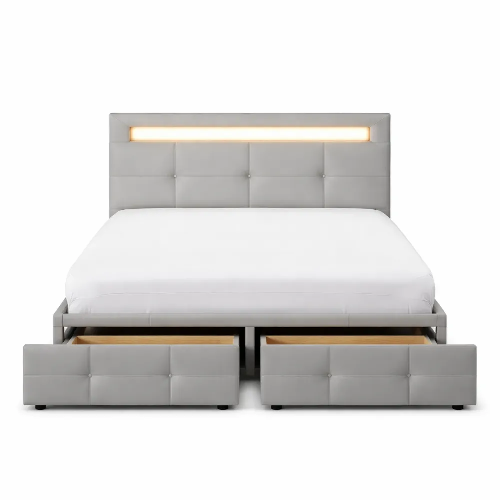 Lit Simple Rembourré 90x200 cm avec Tiroirs et Éclairage LED