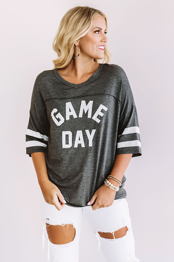 Game Day Varsity Shift Tee in Charcoal-Beginning Fashion