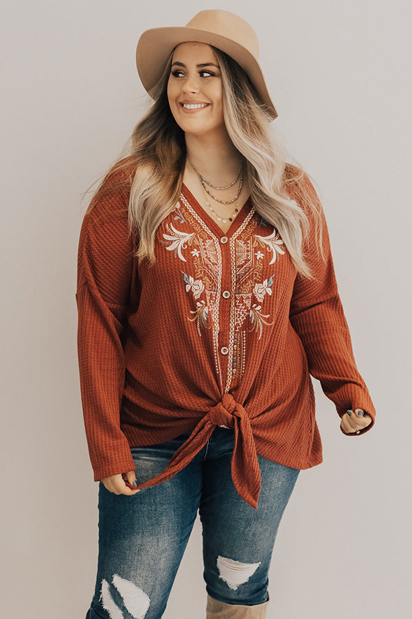 Call It Fall Embroidered Waffle Knit Top In Rust  Curves-Beginning Fashion