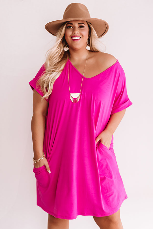 Back To Basics T-Shirt Dress In Hot Pink Curves-Beginning Fashion