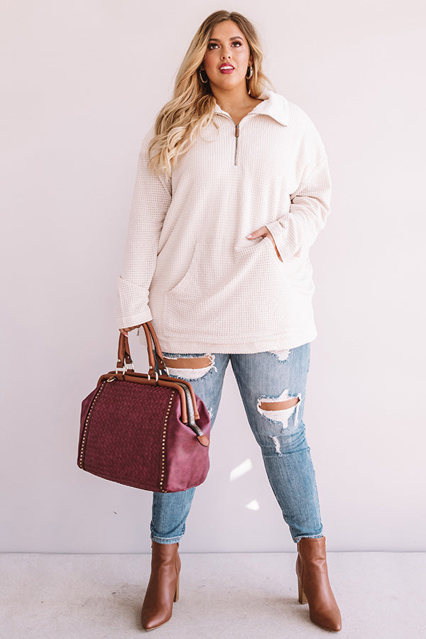 Bonfire Snuggles Waffle Knit Sherpa Pullover Curves-Beginning Fashion