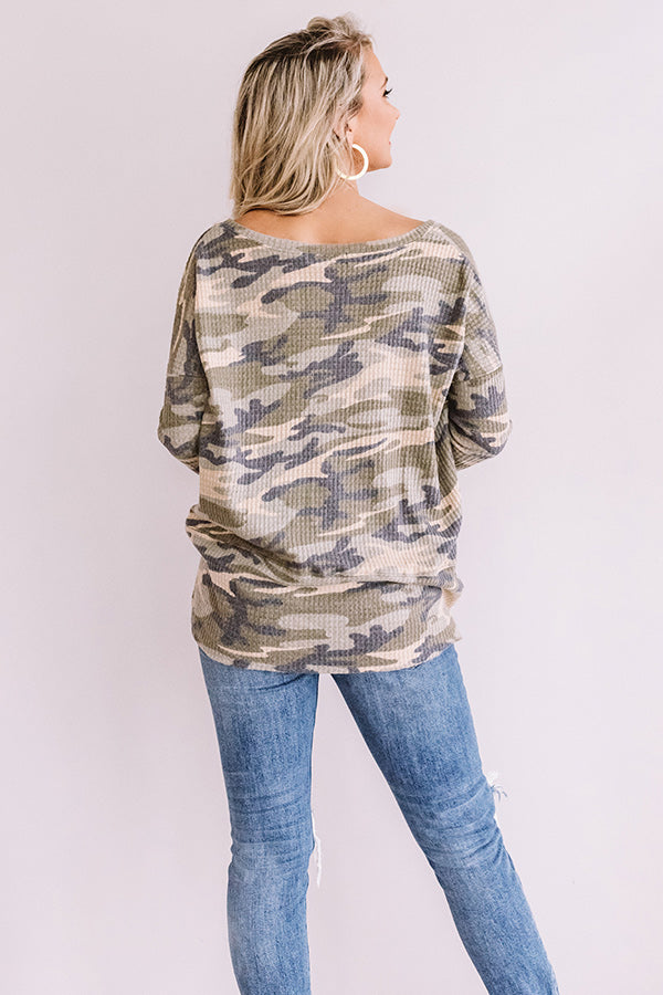 Blissful Bombshell Waffle Knit Camo Top-Beginning Fashion