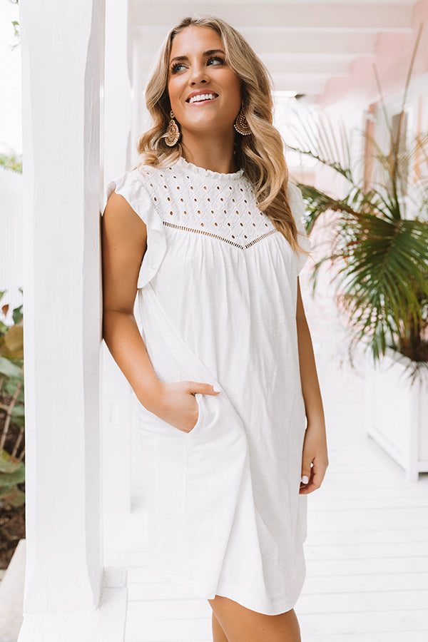 Balcony Views Eyelet Shift Dress in White-Beginning Fashion