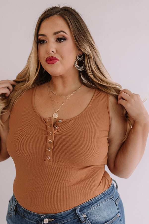Best Coast Henley Bodysuit In Camel Curves-Beginning Fashion